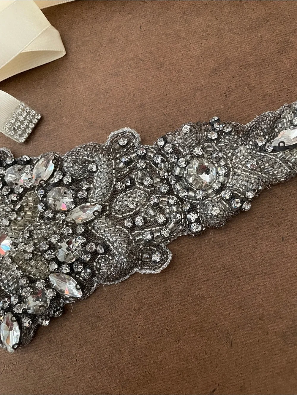 Crystal Embellished Ivory Ribbon Sash Belt